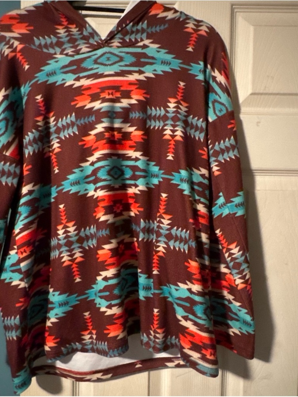 Brown Aztec Print Hooded Women's Top with Turquoise and Coral Accents